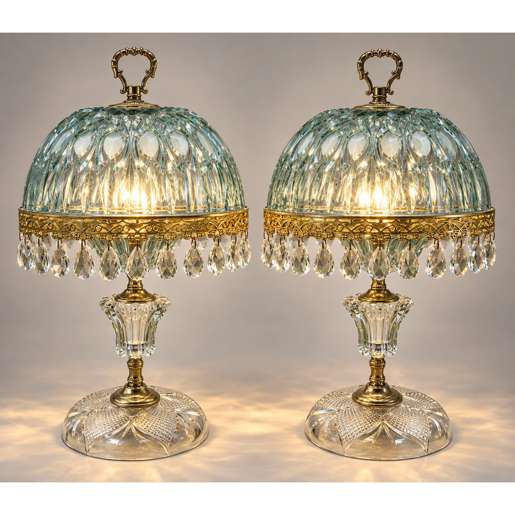 Pair Vintage Michelotti Aqua Glass Boudoir Lamps Made in Holland 16" – main view
