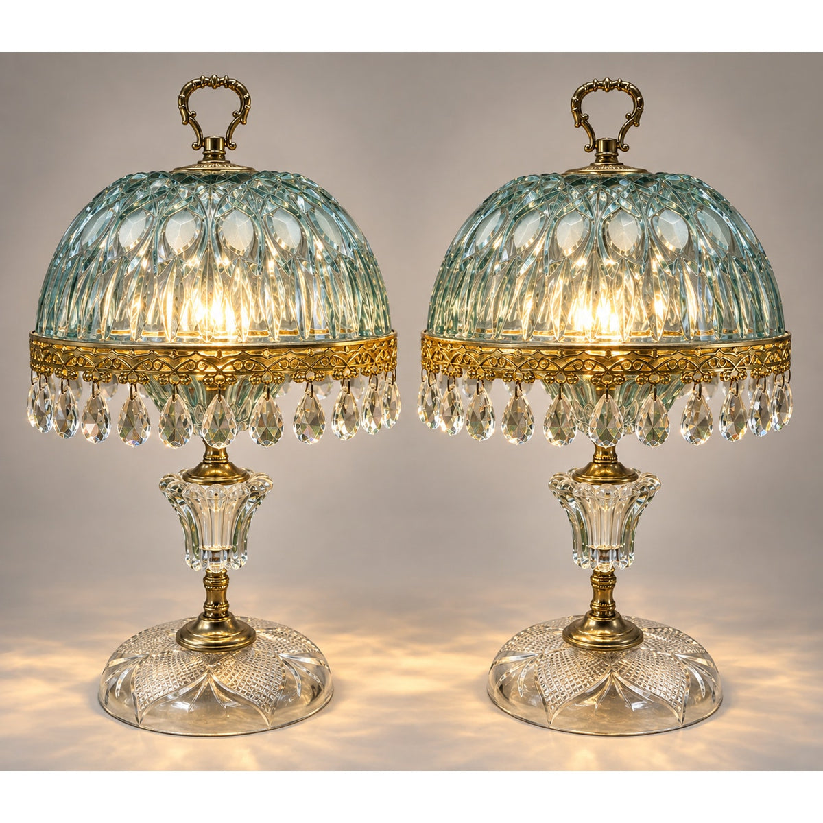 Pair Vintage Michelotti Aqua Glass Boudoir Lamps Made in Holland 16" – main view