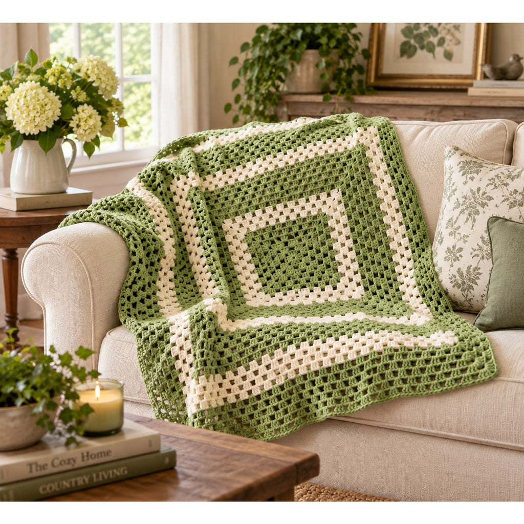 The Greenbrier Vintage Crochet Afghan Celery Green Cream Lap Blanket 48 x 48 – main view
