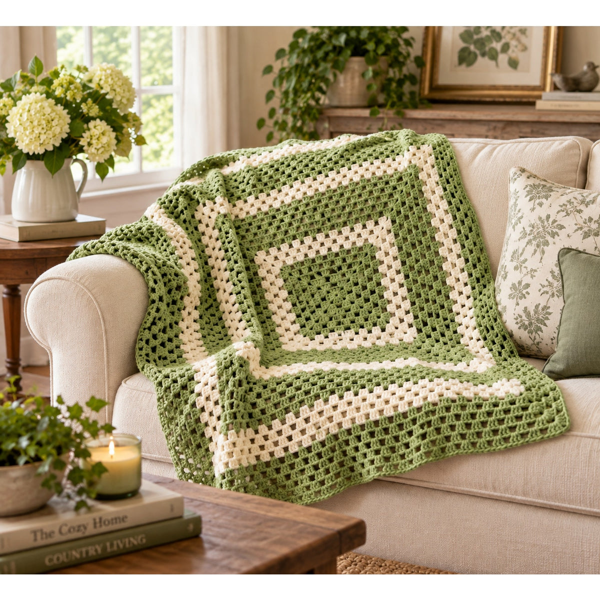 The Greenbrier Vintage Crochet Afghan Celery Green Cream Lap Blanket 48 x 48 – main view
