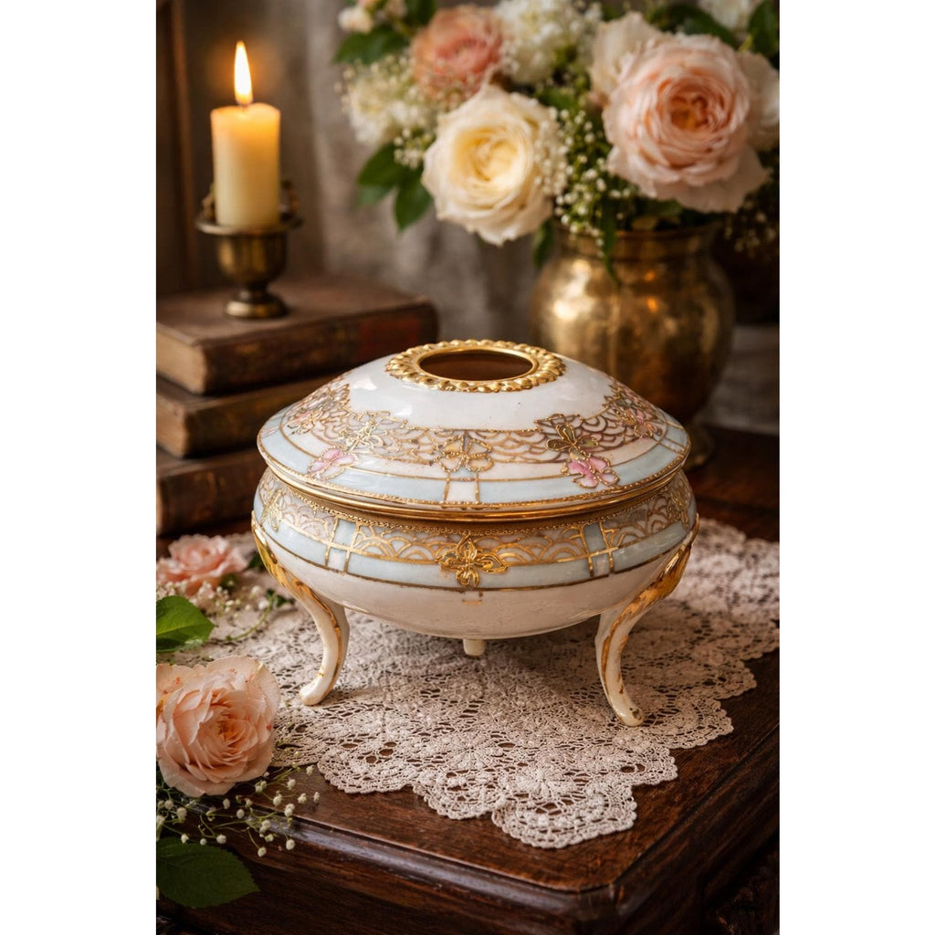 Antique Hand Painted Nippon Porcelain Vanity Jar: Gold Floral Trinket Box
