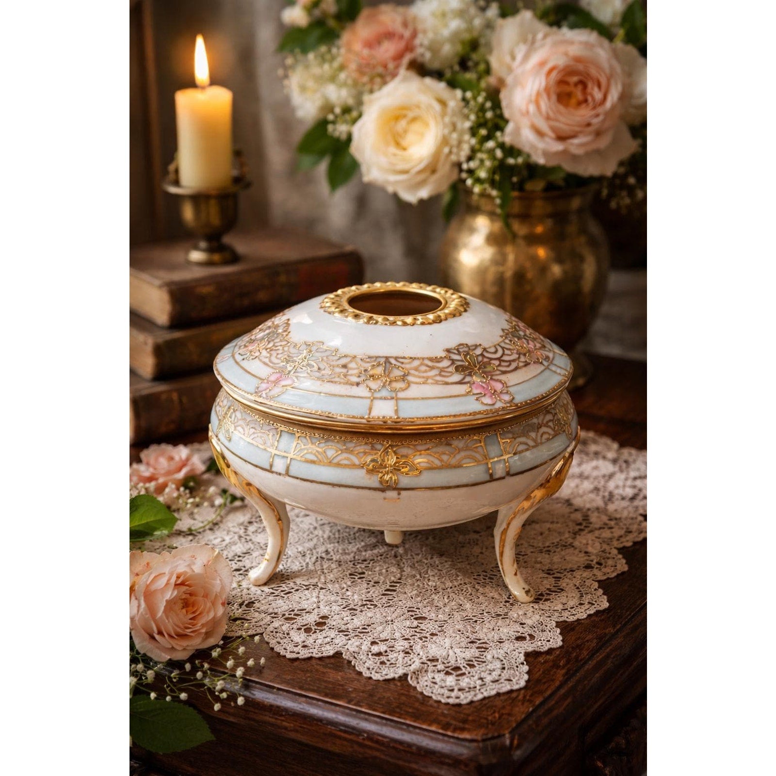 Antique Hand Painted Nippon Porcelain Vanity Jar: Gold Floral Trinket Box