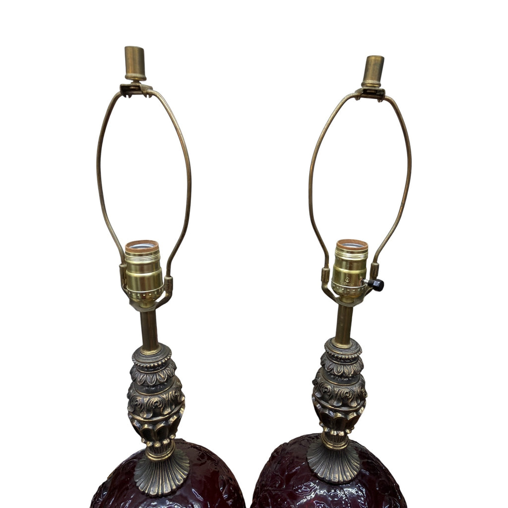 Pair Vintage Ruby Red Glass 3-Way Table Lamps Lighted Bases Roses 28" – additional view 9