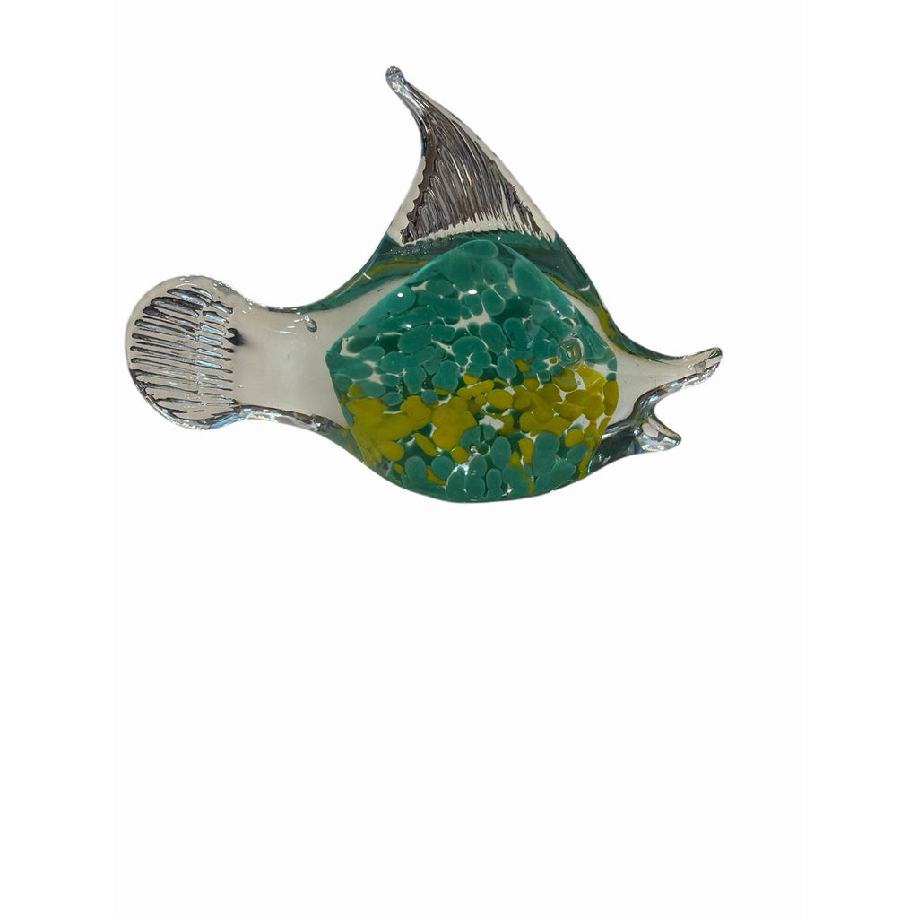 Art Glass Fish Paperweight Blue Green Swirl Clear Fins Coastal Decor 5”