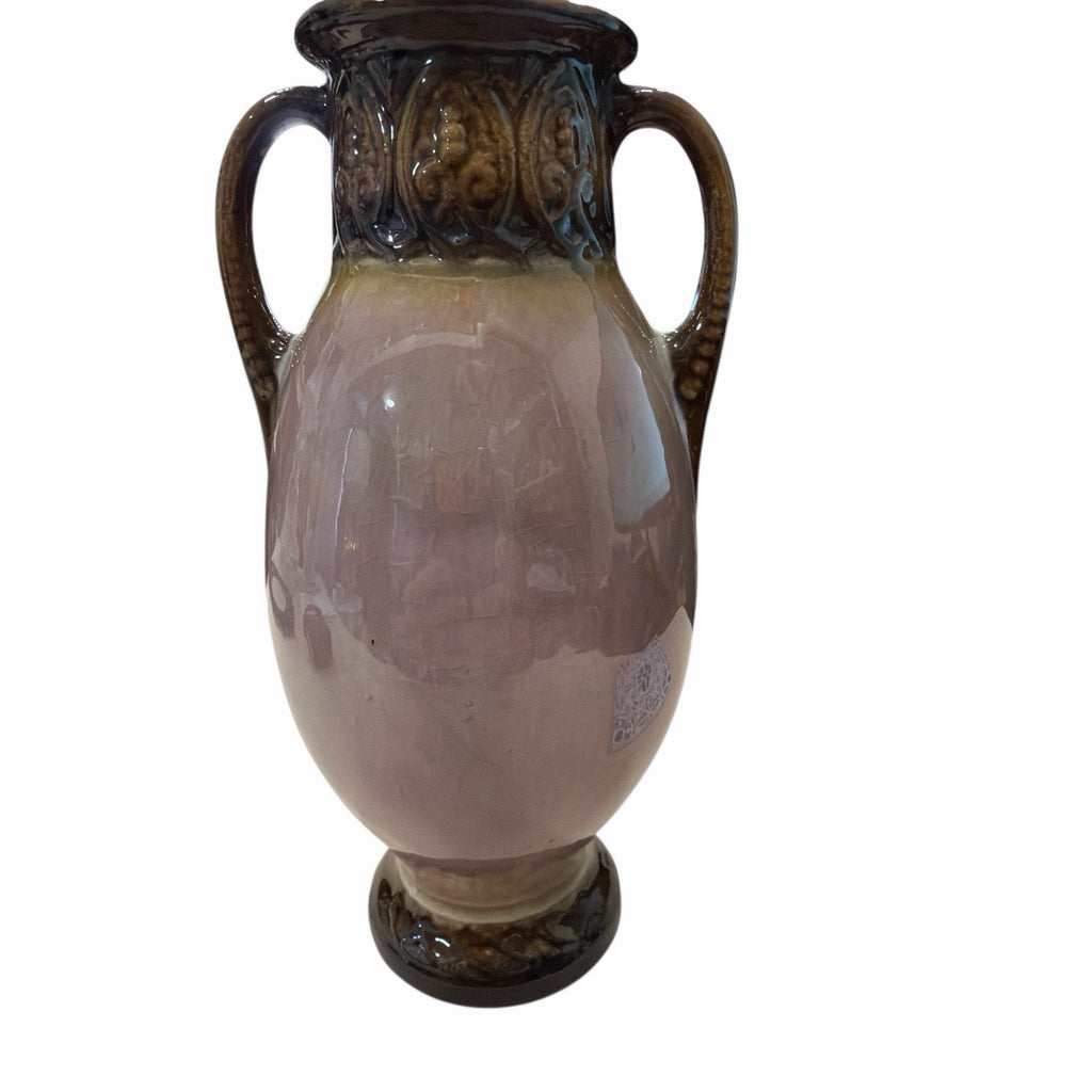 Vintage Belgian Pottery Rose Vase Double Handles Brown Glaze 8.5 Inch