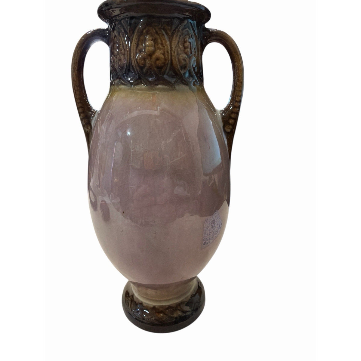 Vintage Belgian Pottery Rose Vase Double Handles Brown Glaze 8.5 Inch