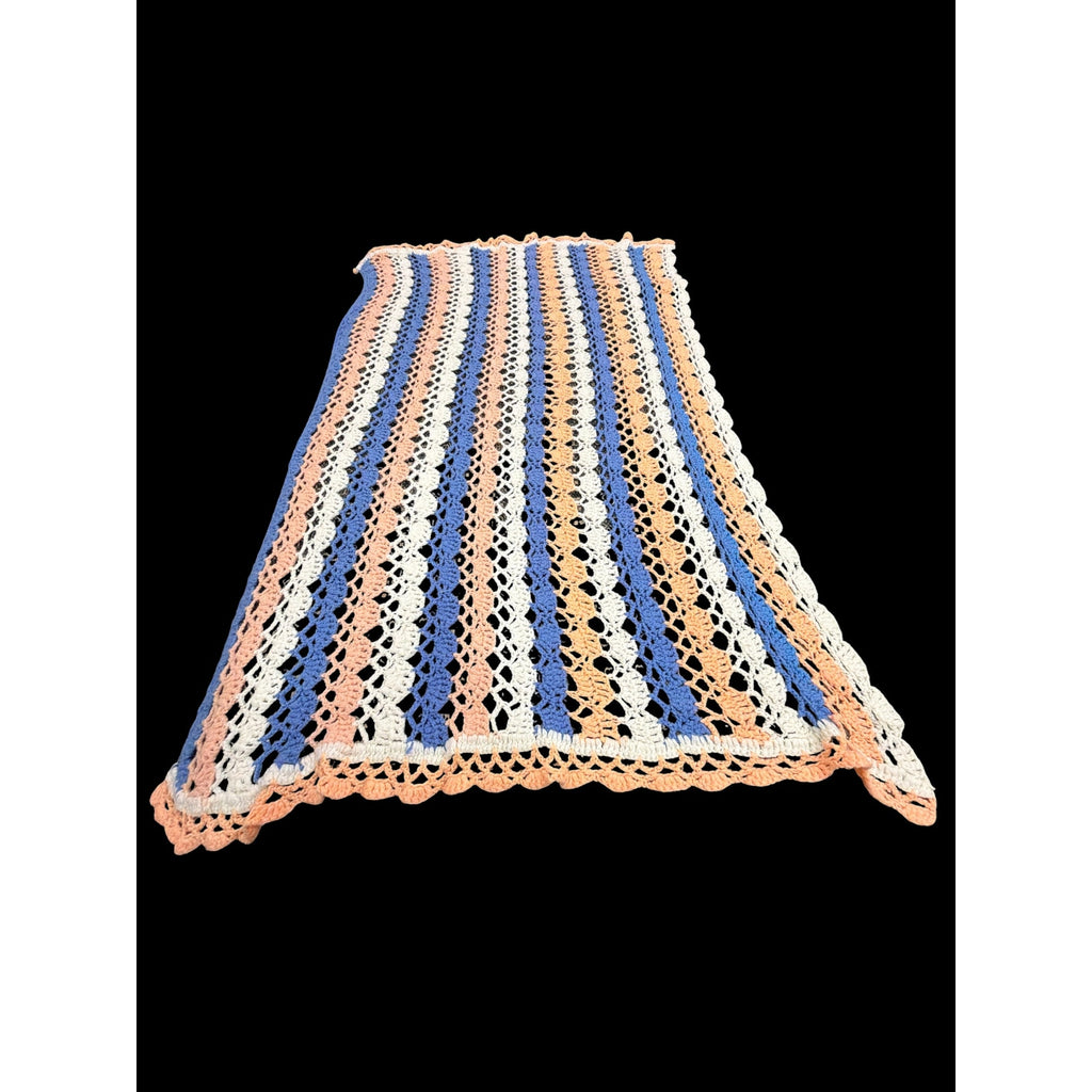 Vintage Crochet Lap Blanket Peach Blue Cream Handmade Afghan 25 x 60 – additional view 2