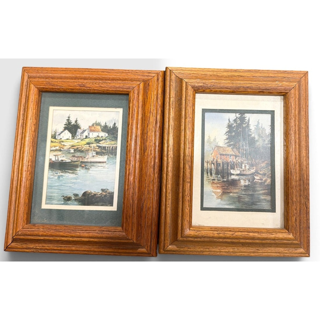 Vintage Coastal Harbor Prints Pair Heavy Solid Oak Frames Double Matted 10x8 – additional view 2