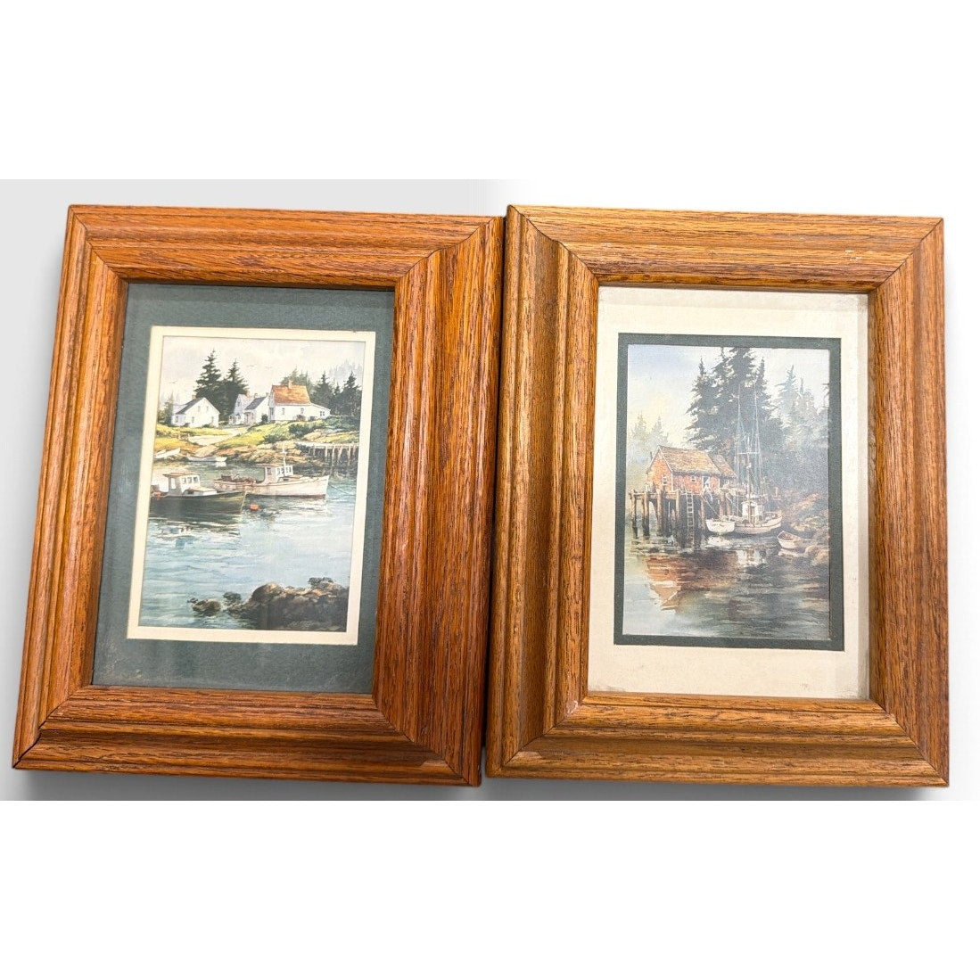 Vintage Coastal Harbor Prints Pair Heavy Solid Oak Frames Double Matted 10x8 – additional view 2