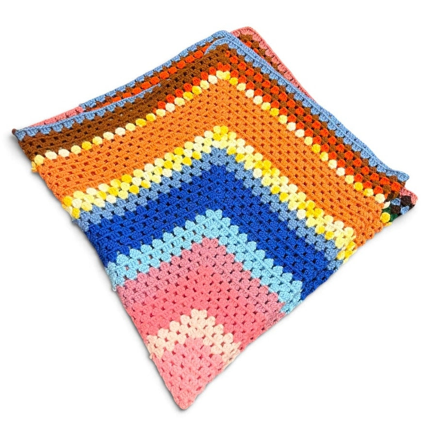 Vintage 1970s Crochet Afghan Handmade Retro Granny Square Lap Blanket 39"
