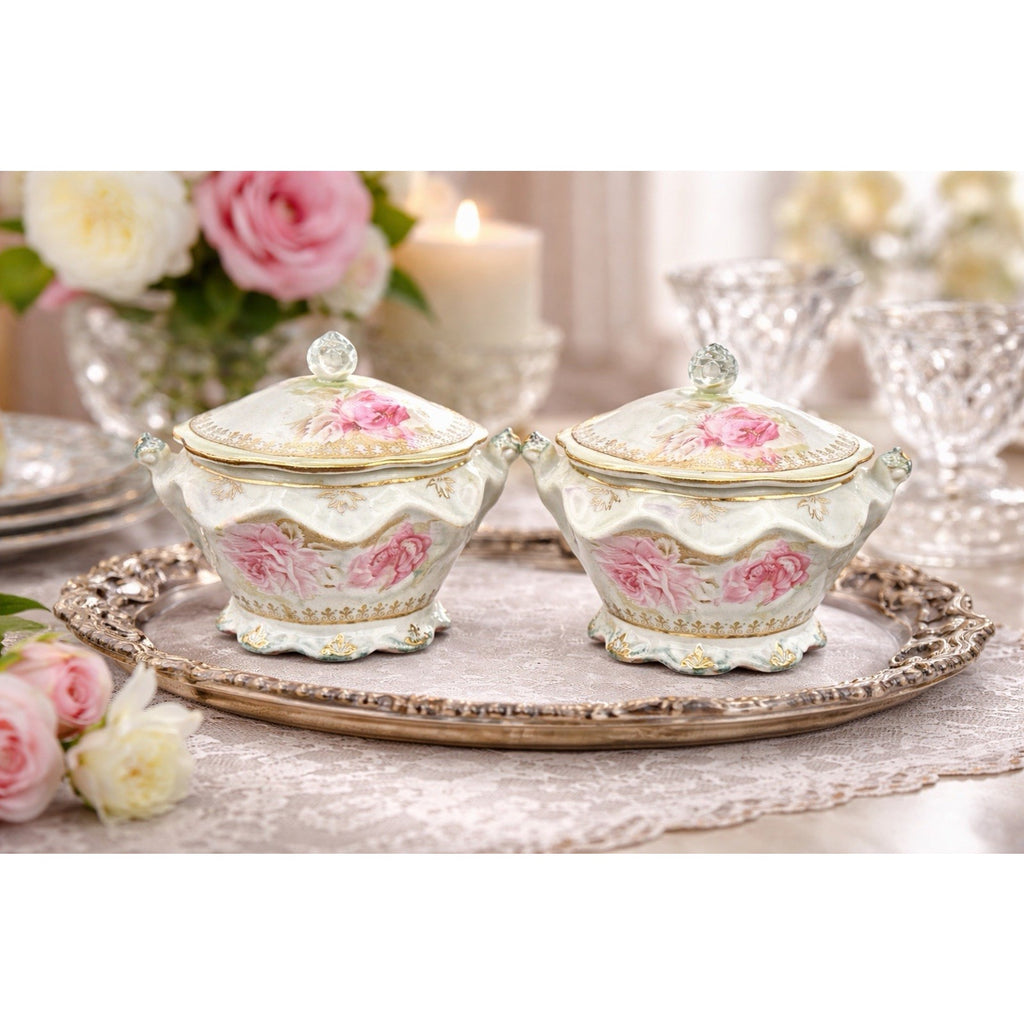 Antique Nippon Lidded Covered Bowls Pair Pink Roses Gold Trim Japan Porcelain
