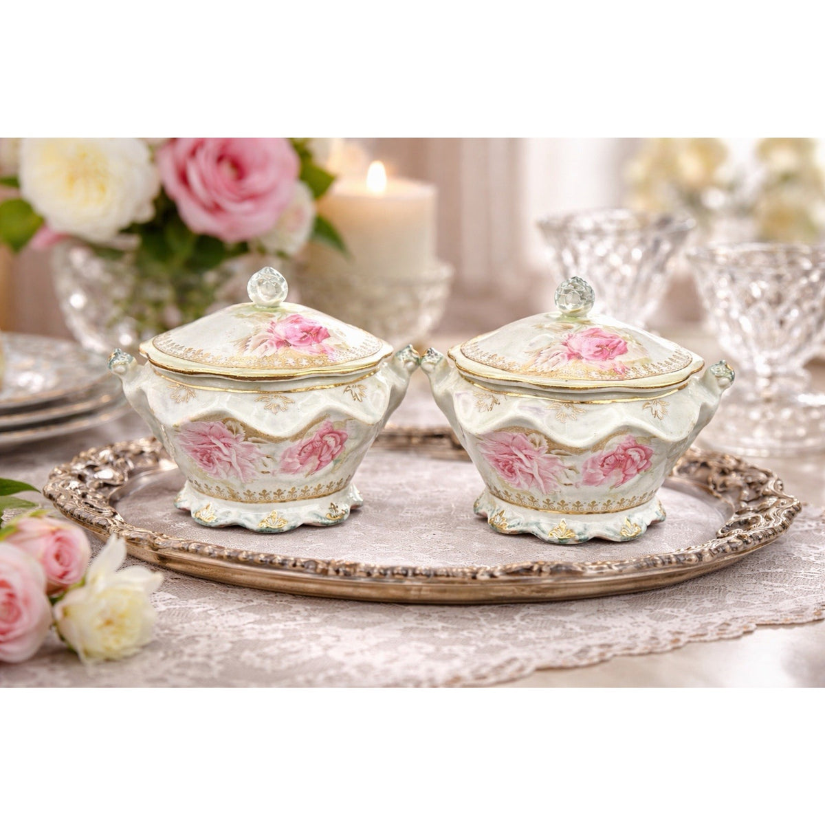 Antique Nippon Lidded Covered Bowls Pair Pink Roses Gold Trim Japan Porcelain