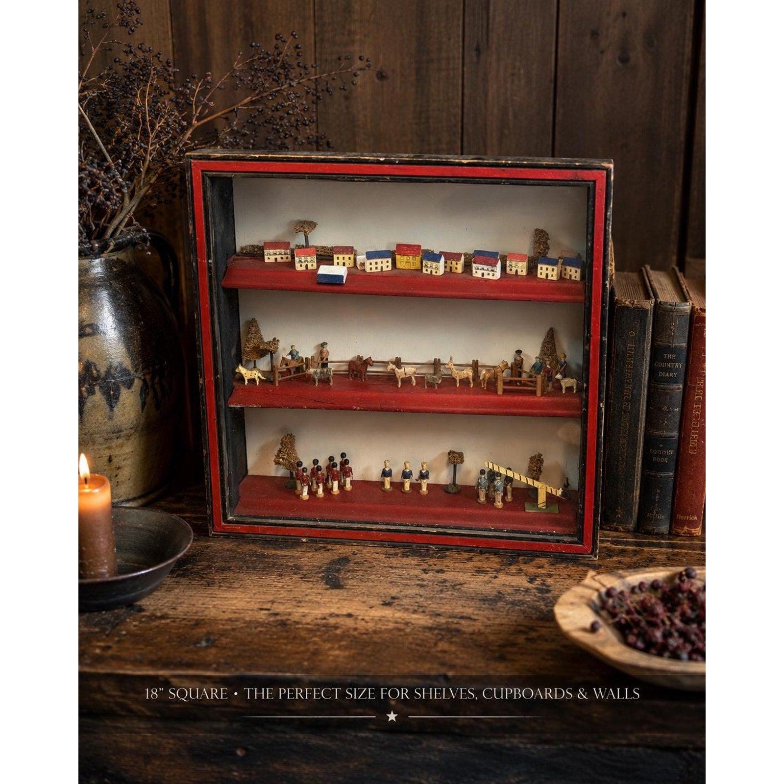 Antique Alpine Folk Art Diorama Shadow Box Miniature Village 15” Wall Cabinet