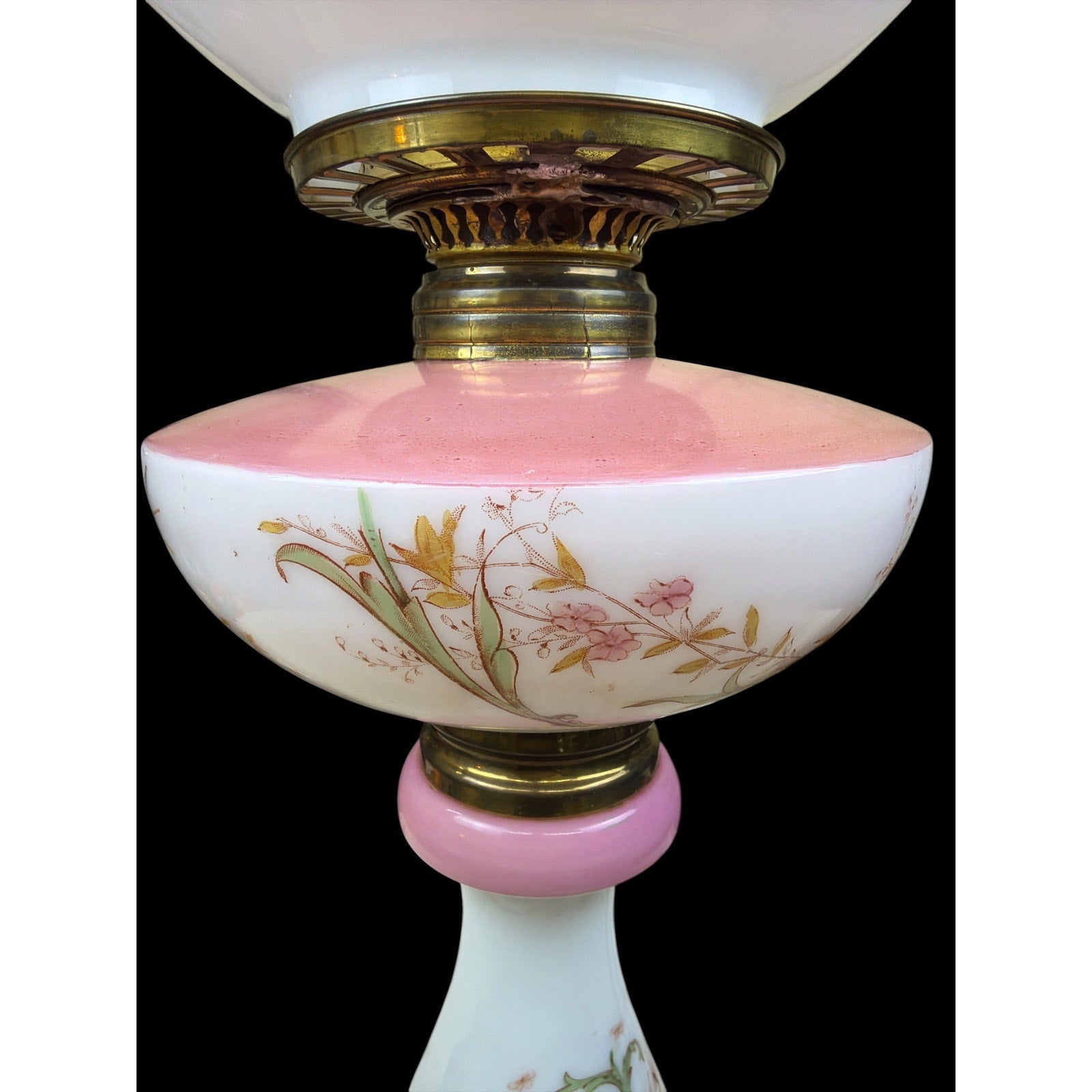 Antique Victorian 31" Banquet Lamp Hand Painted Pink Opal Glass Electric
