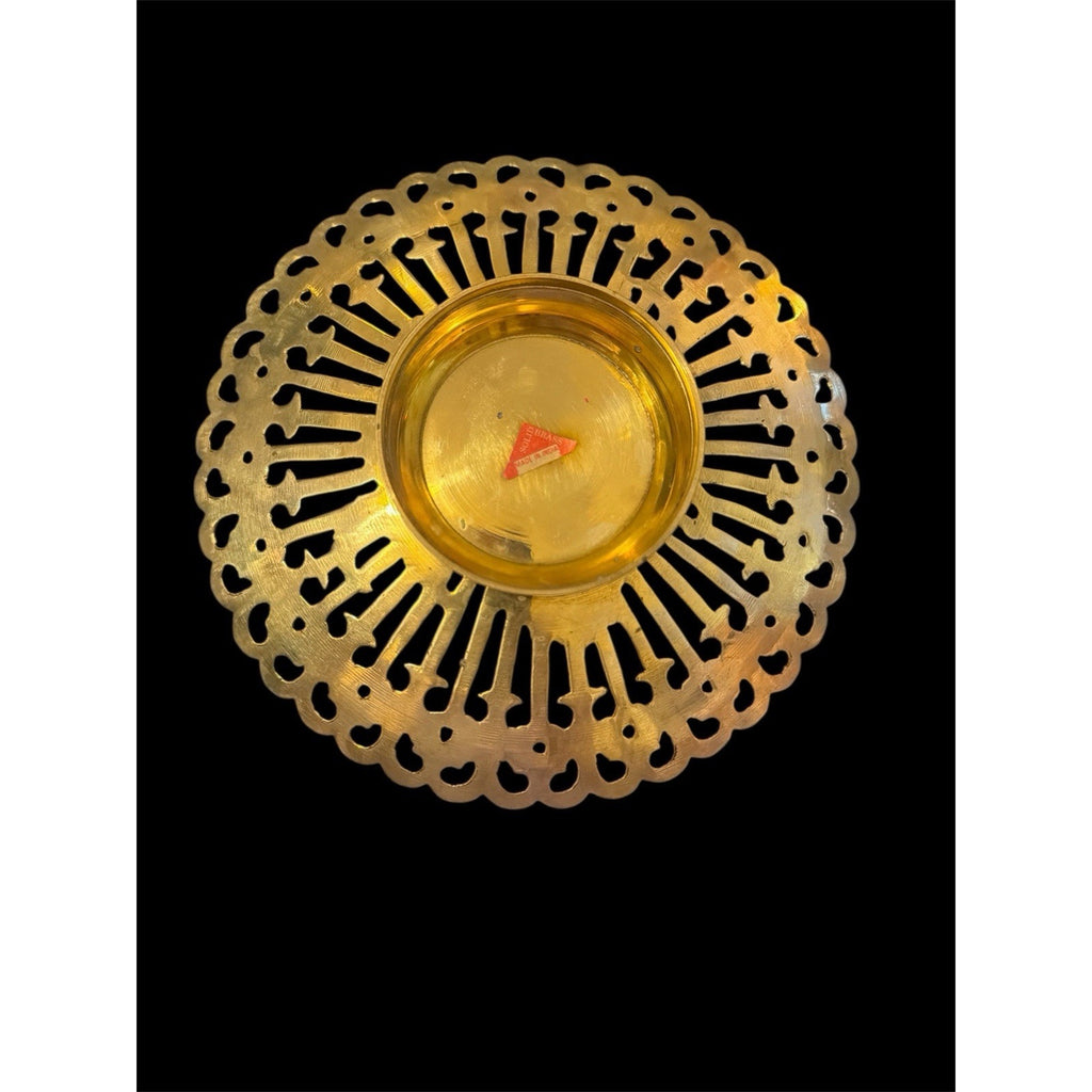 Vintage Solid Brass Pedestal Dish Enamel Floral India Trinket Bowl
