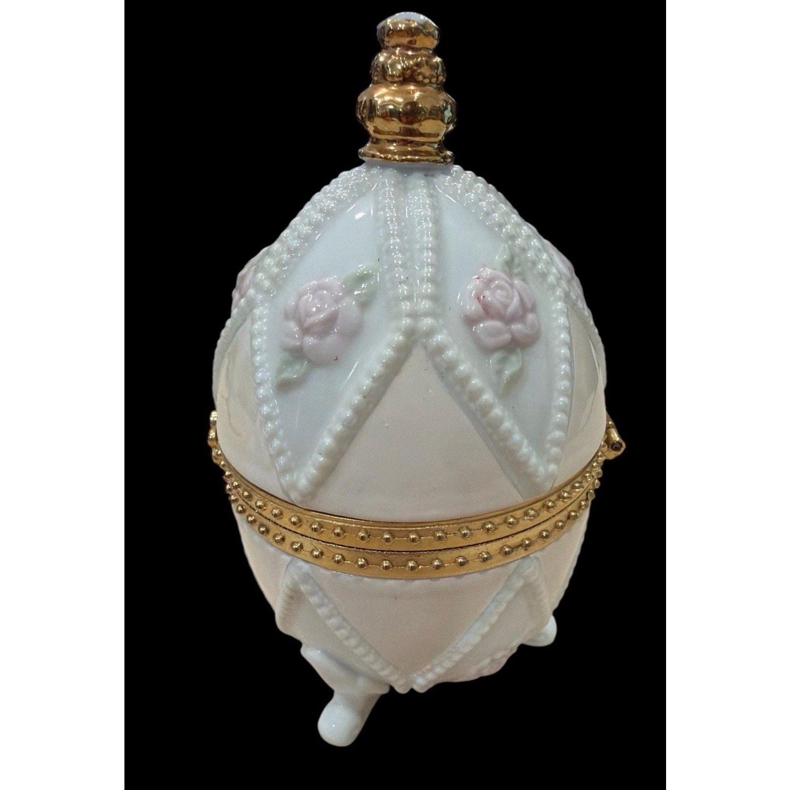 Vintage Porcelain Egg Trinket Box – Hinged Gilt Floral Keepsake – Romantic Vanity Decor