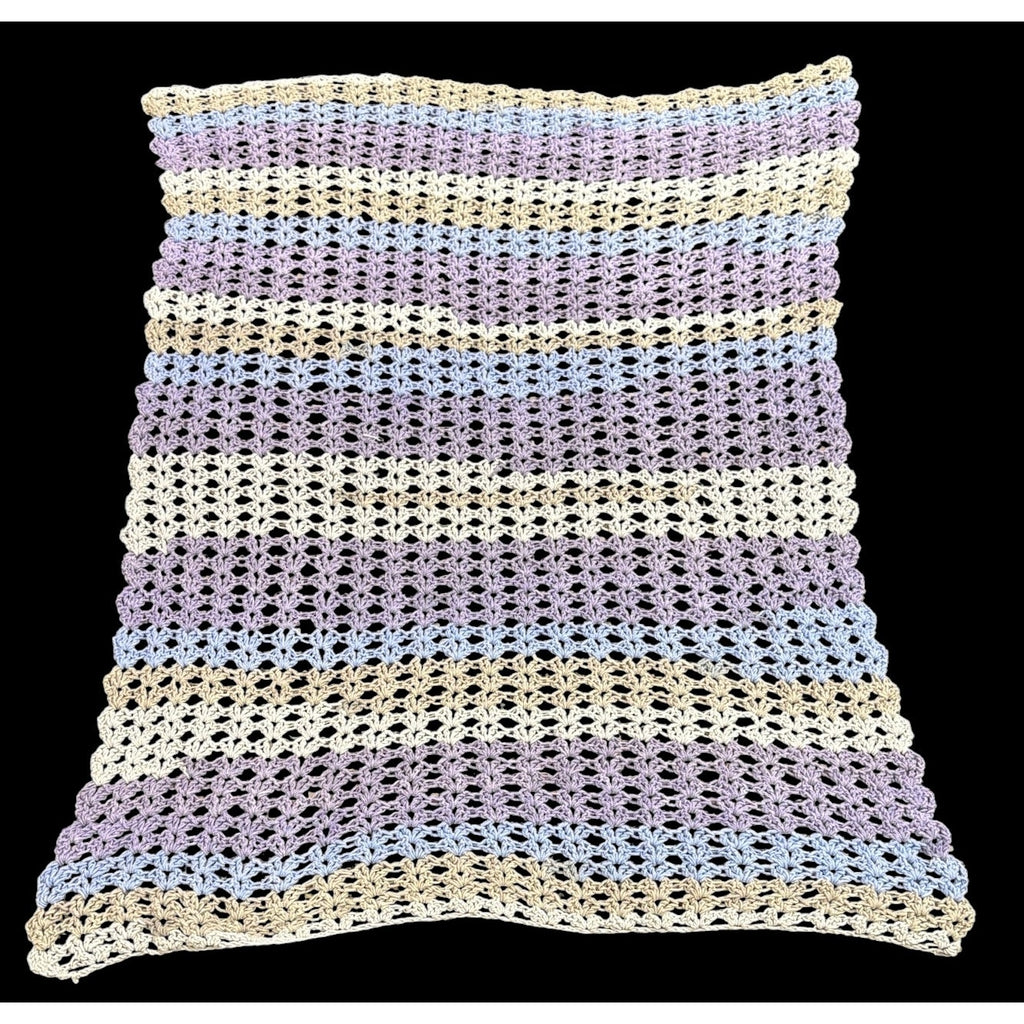 Handmade Chenille Crochet Baby Blanket Lavender Blue Cream 34 x 44 – additional view 2