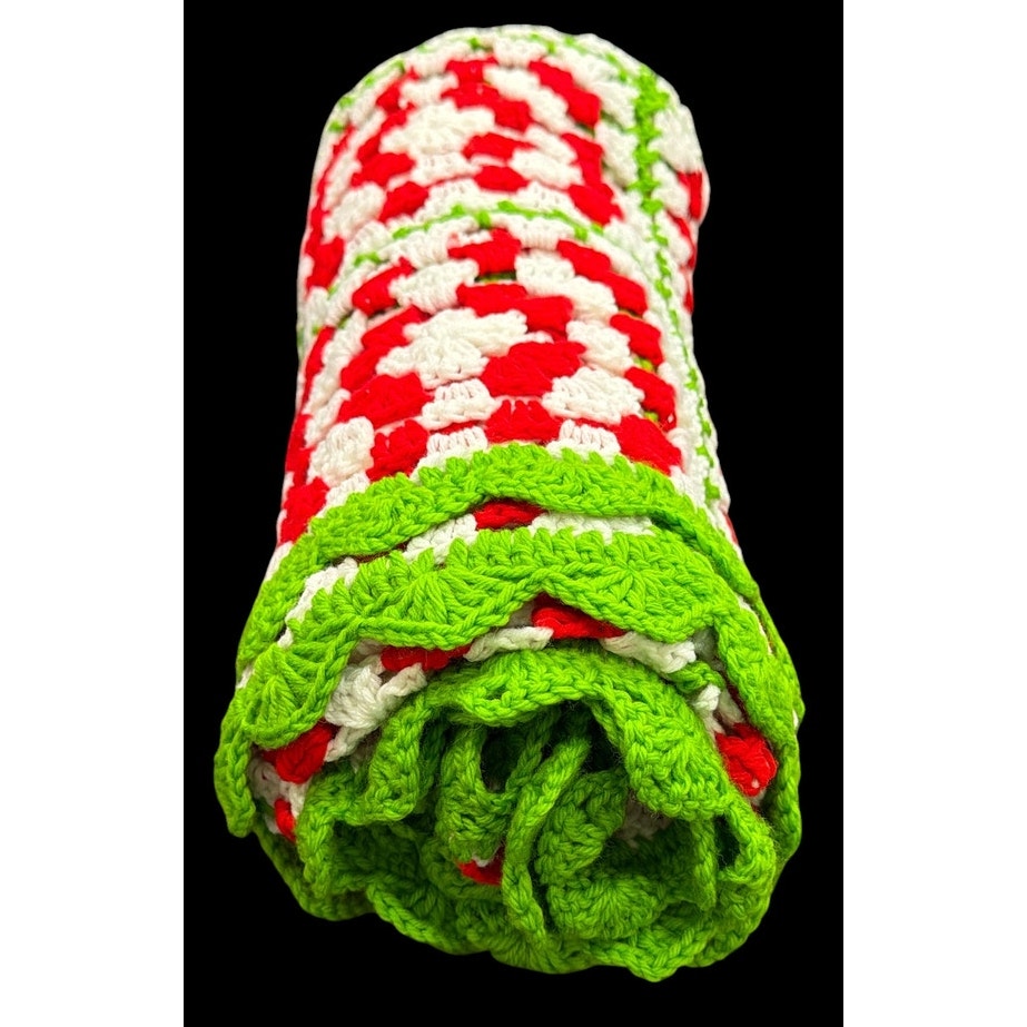Christmas Crochet Afghan Red White Lime Green Granny Square Bed Throw 74 x 40