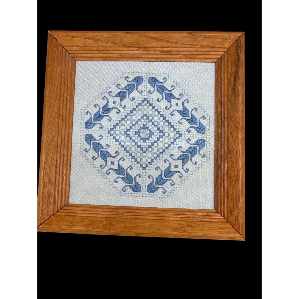 Vintage Hardanger Embroidery Blue White Needlework Oak Frame