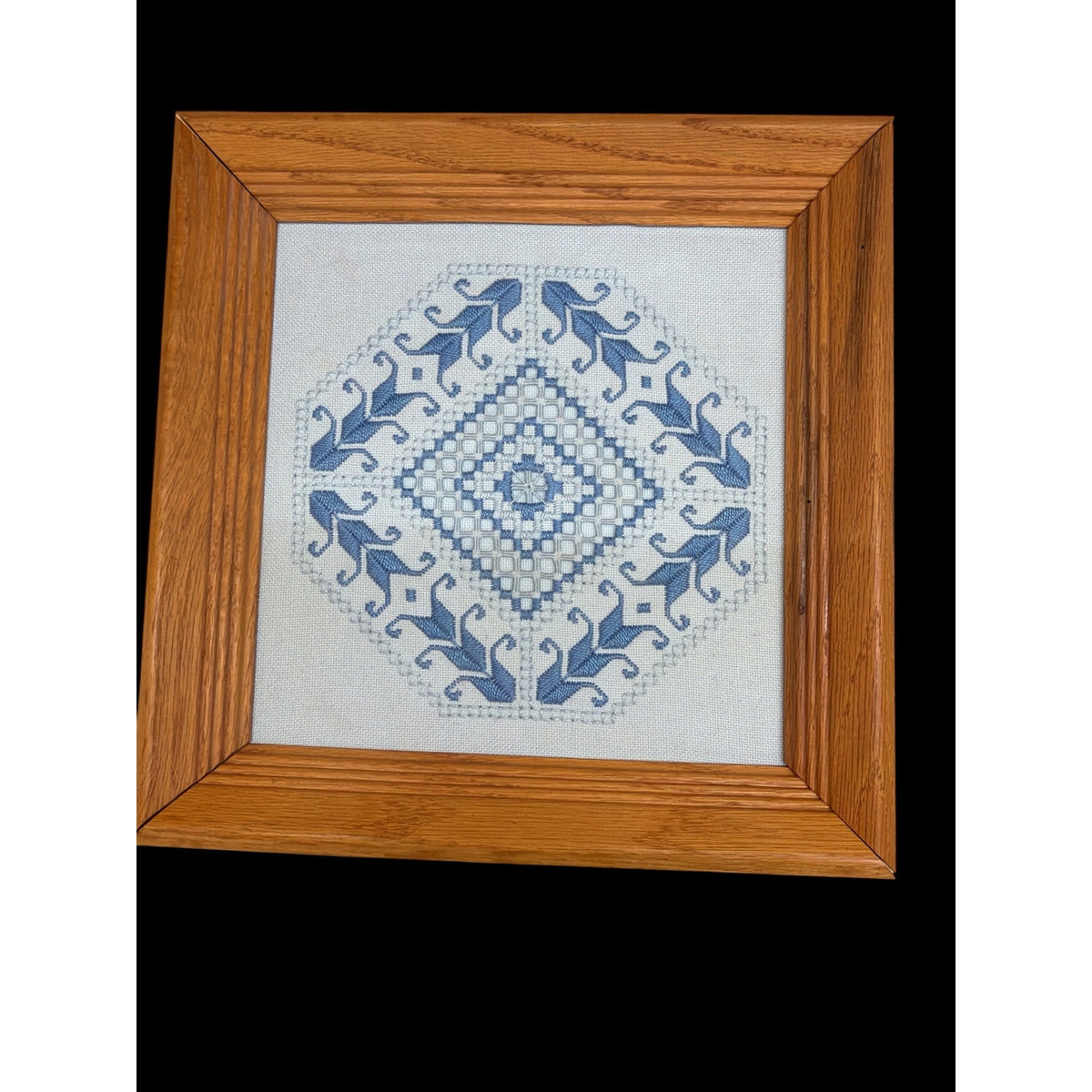 Vintage Hardanger Embroidery Blue White Needlework Oak Frame