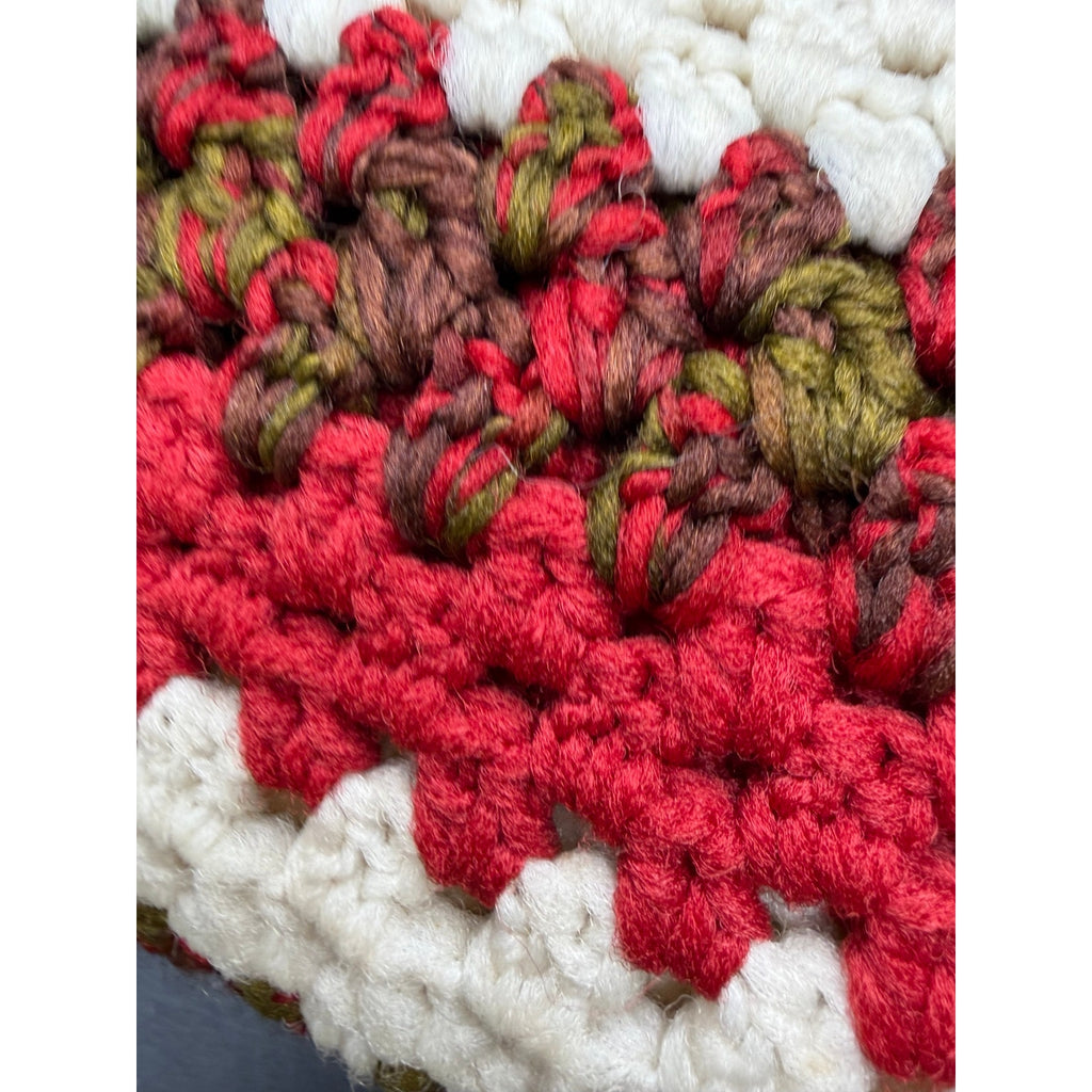 Vintage Handmade Crochet Afghan Throw Red Cream Green Farmhouse Blanket