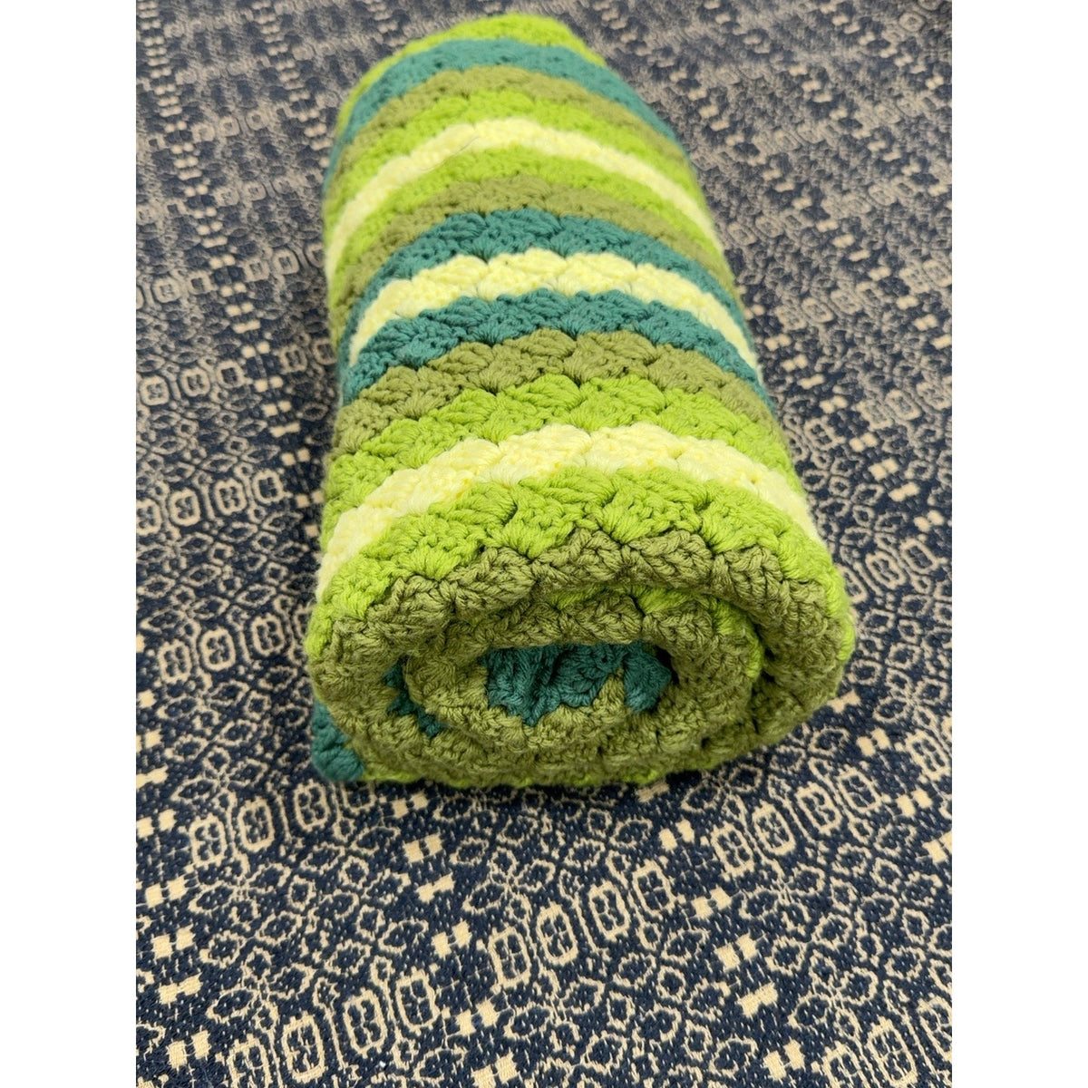 Vintage Crochet Afghan Throw Avocado Green Striped 1970s 60 x 37