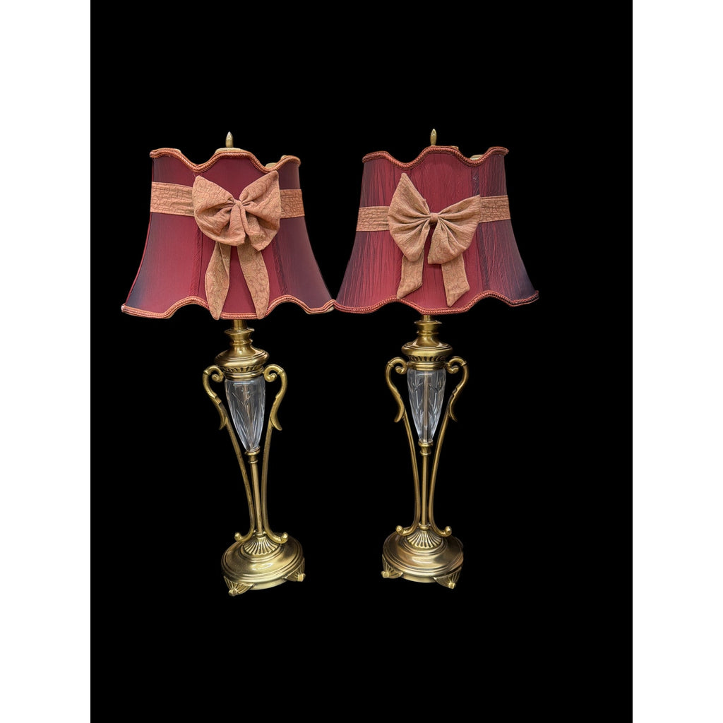 Pair Neoclassical Gold Tone Cut Glass Table Lamps with Bow Shades