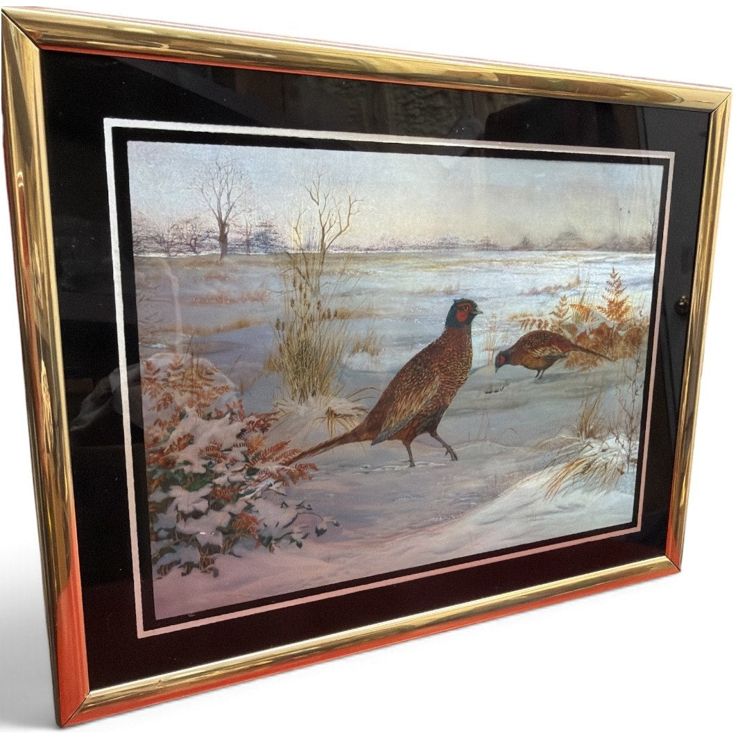 Vintage Foil Art Pheasant Picture Iridescent Winter Scene Gold Frame 8x10