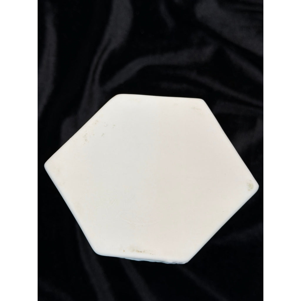 Vintage Matte Bisque Porcelain Butterfly & Cherry Blossom Hexagon Vase 7"