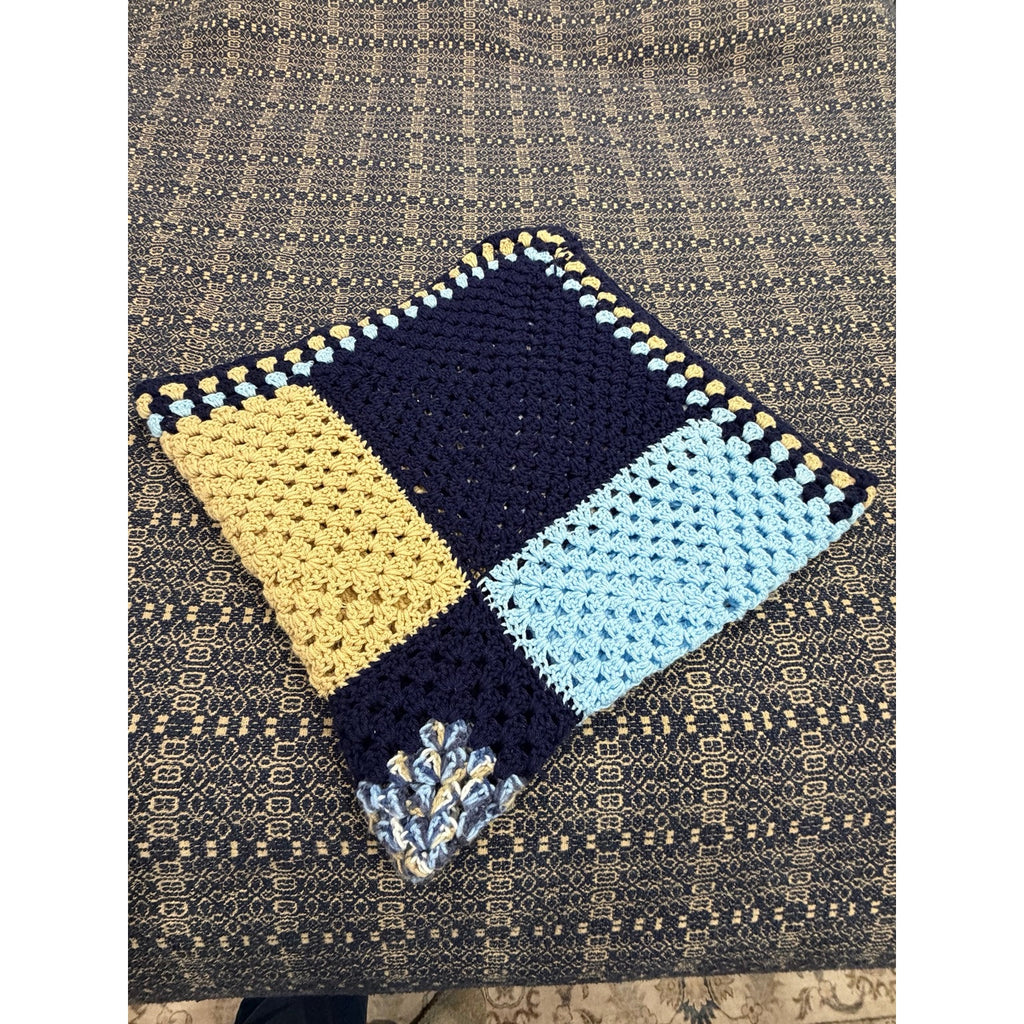 Handmade Crochet Patchwork Afghan Blanket Navy Blue Tan 45 x 45