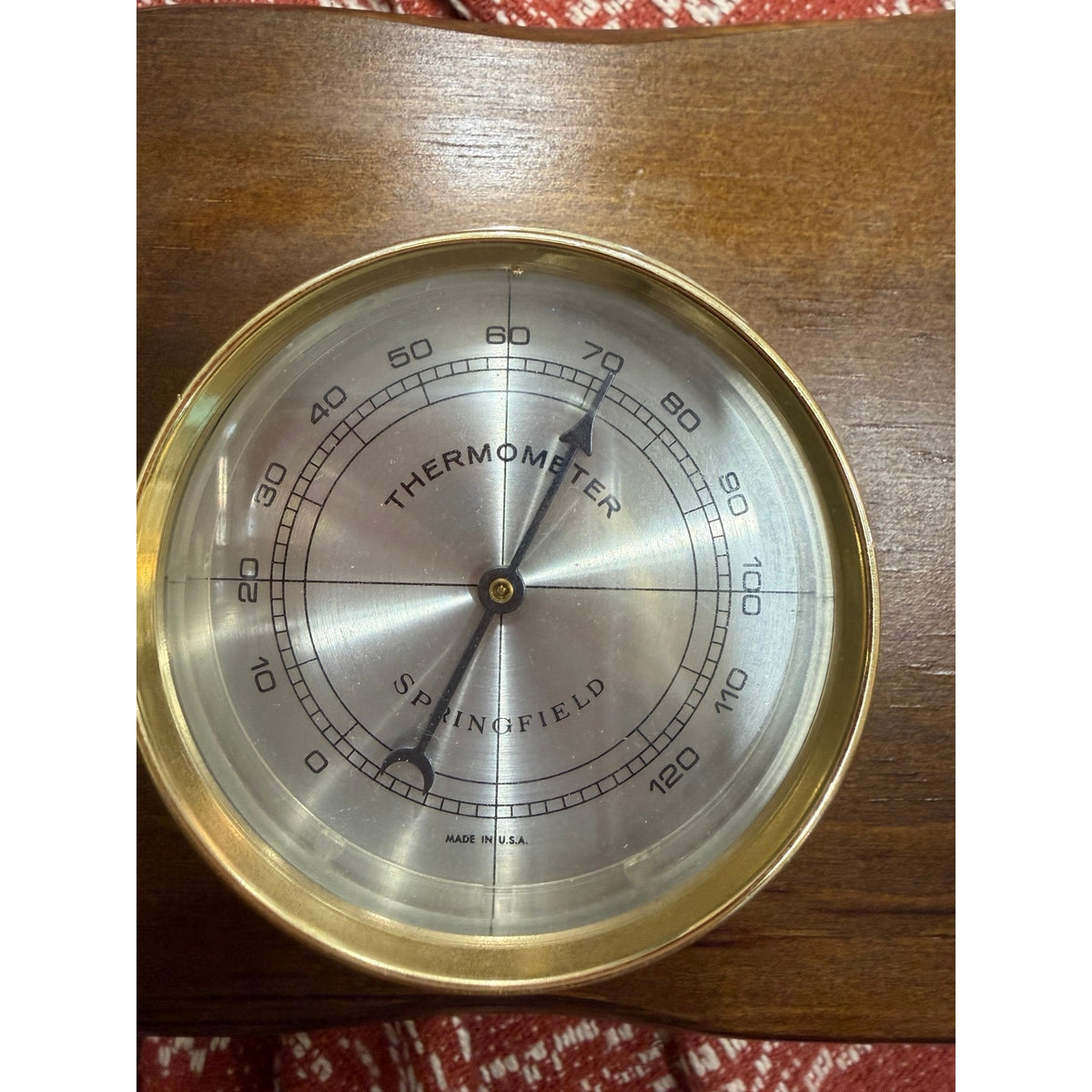 Vintage Springfield Weather Station Brass Tone Barometer Thermometer Eagle Wood