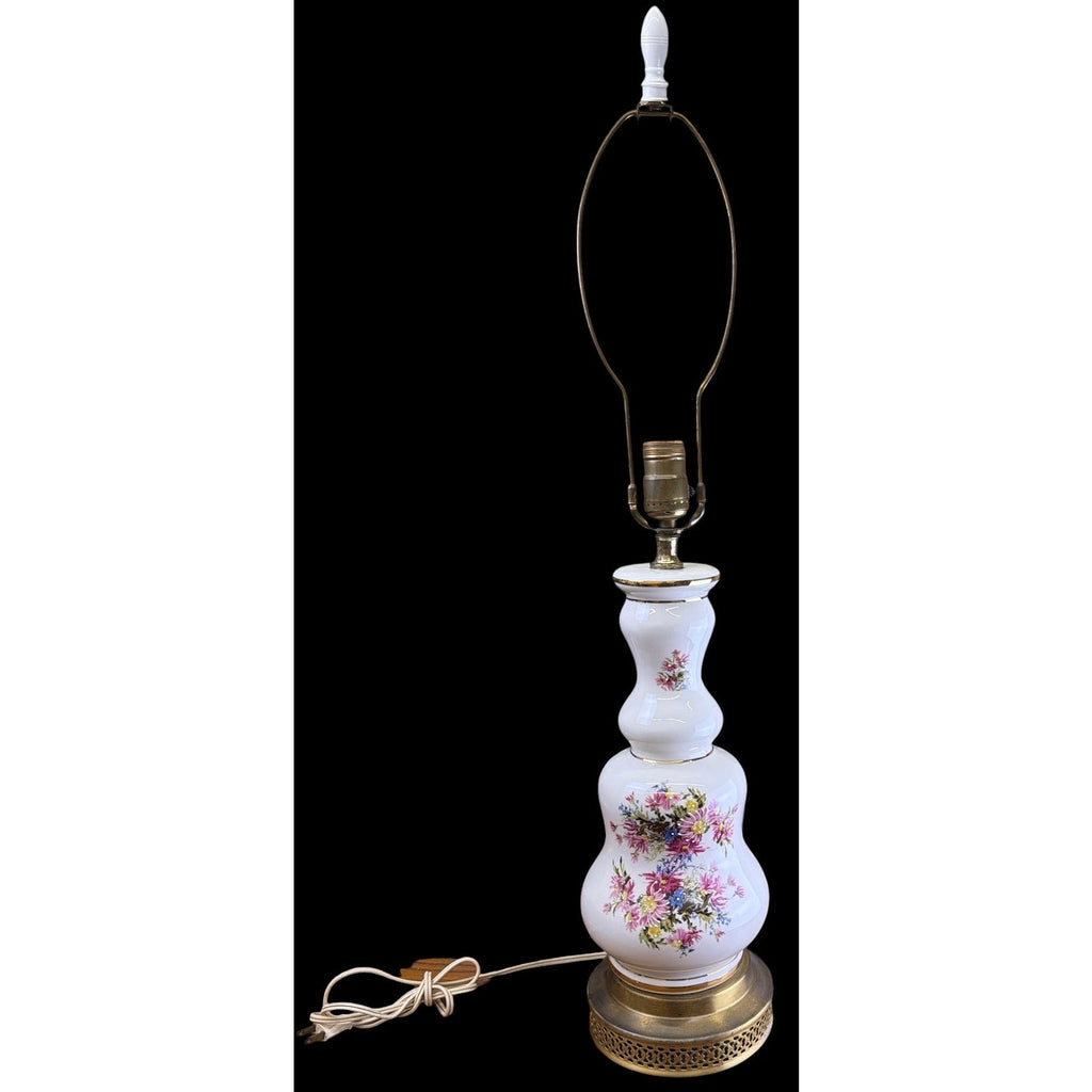 Vintage Floral Milk Glass Table Lamp Brass Base Cottage Bedroom Lighting
