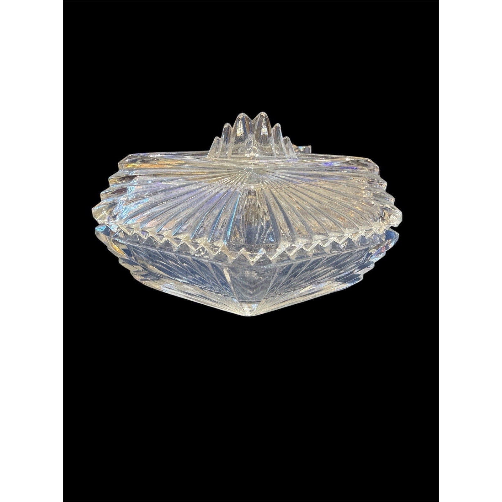 Vintage Pressed Glass Covered Butter Dish Starburst Pattern Candy Trinket Box