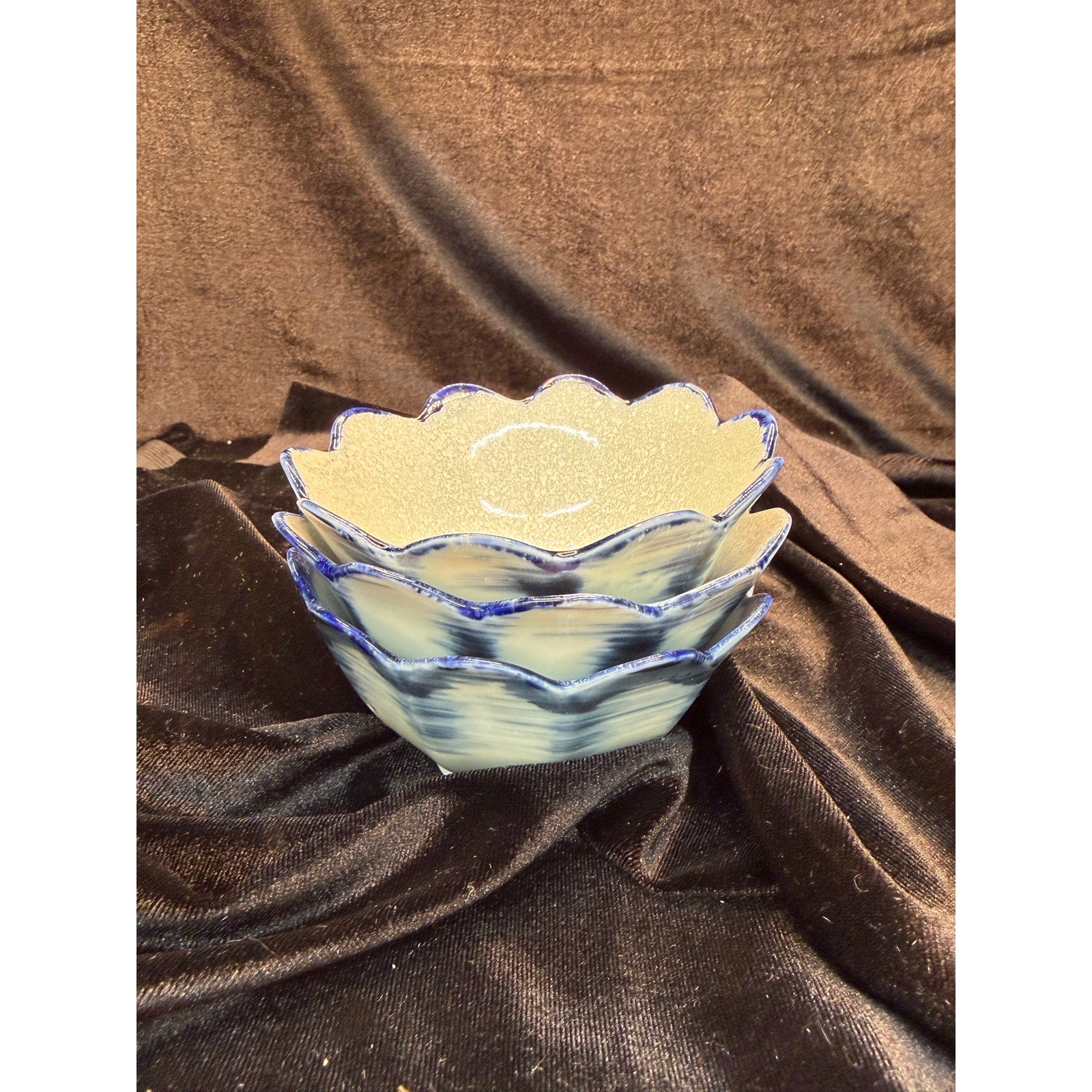 Vintage Studio Pottery Bowls Set of 3 Cobalt Blue Scalloped Dessert Rice Bowls