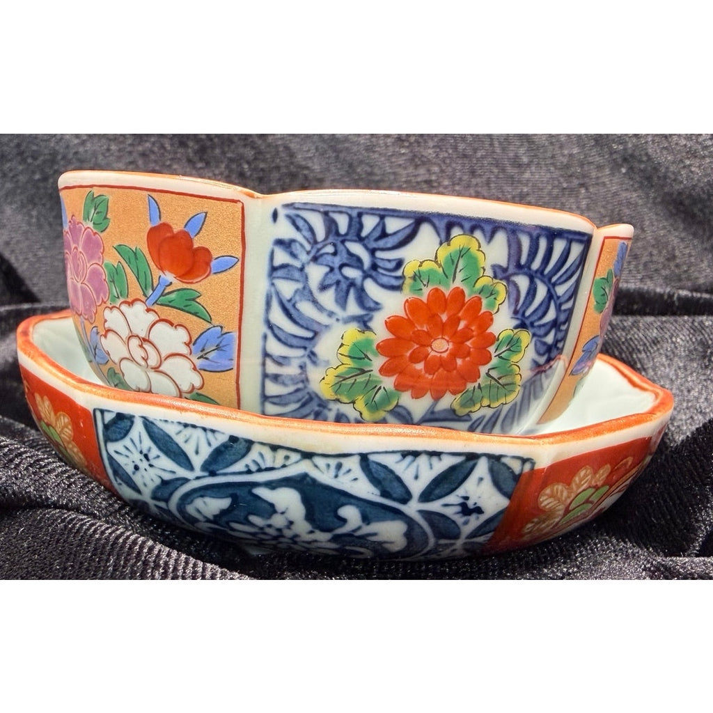 Vintage Japanese Imari Style Kobachi Bowls & Underplates Set of 3 Hand Painted
