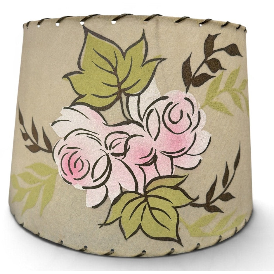 Vintage Floral Lampshades Pair Pink Roses Laced Parchment Style 1950s 14 Inch