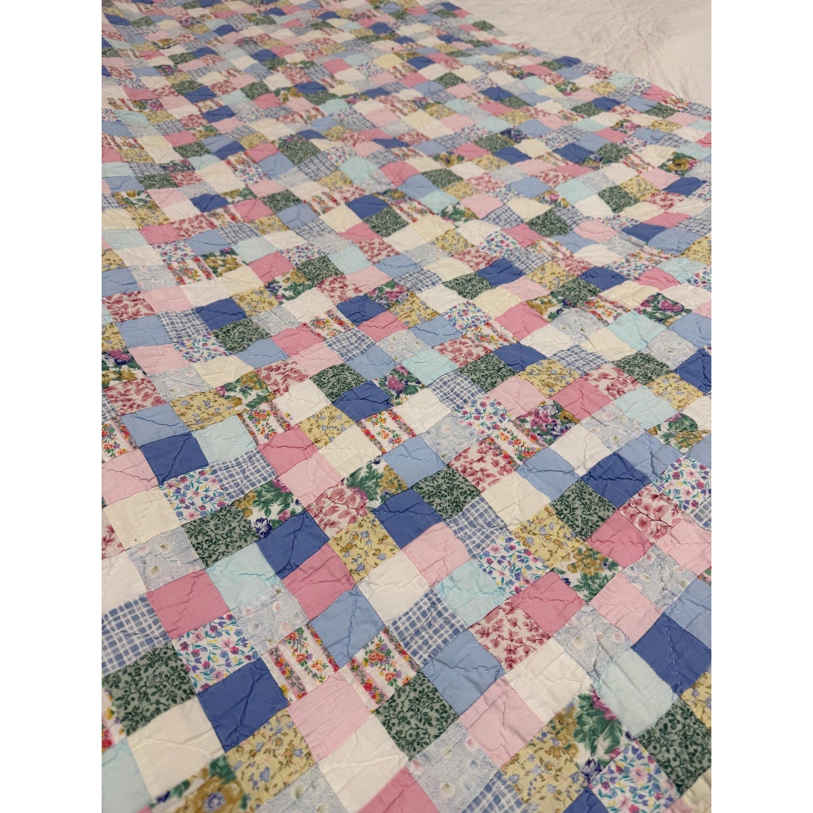 Vintage Hand Pieced Postage Stamp Quilt Hand Quilted Cotton Quilt Heirloom Cottagecore Farmhouse Bedding 86x76