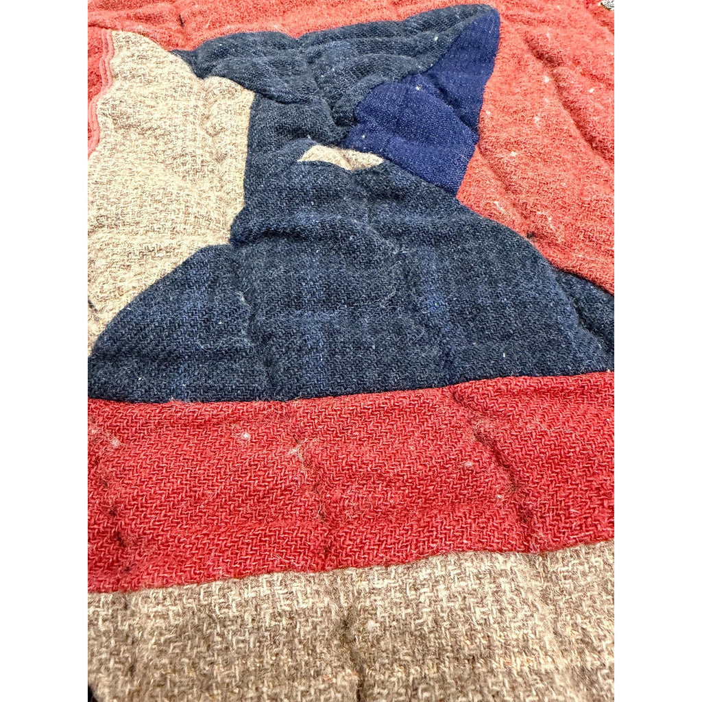 Antique Hand Pieced Wool Quilt: Primitive Folk Art Textile, Flannel Backing (77x64)