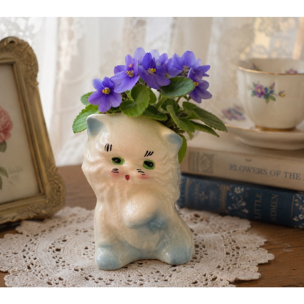 Vintage Ceramic Kitten Planter, Mid Century Blue Cat Planter