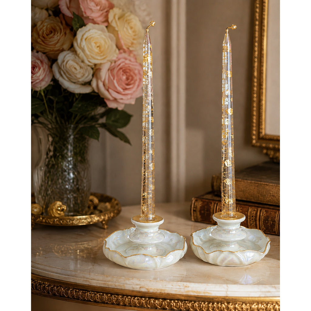 Antique RS Germany Mother of Pearl Glaze Candlesticks Pair Gold Gilt Porcelain