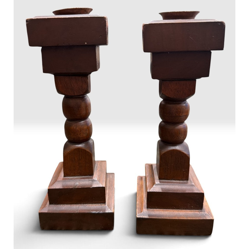 Vintage Hardwood Candlestick Holders Pair Dark Walnut Finish Brass Cups 6.5 Inch – additional view 4