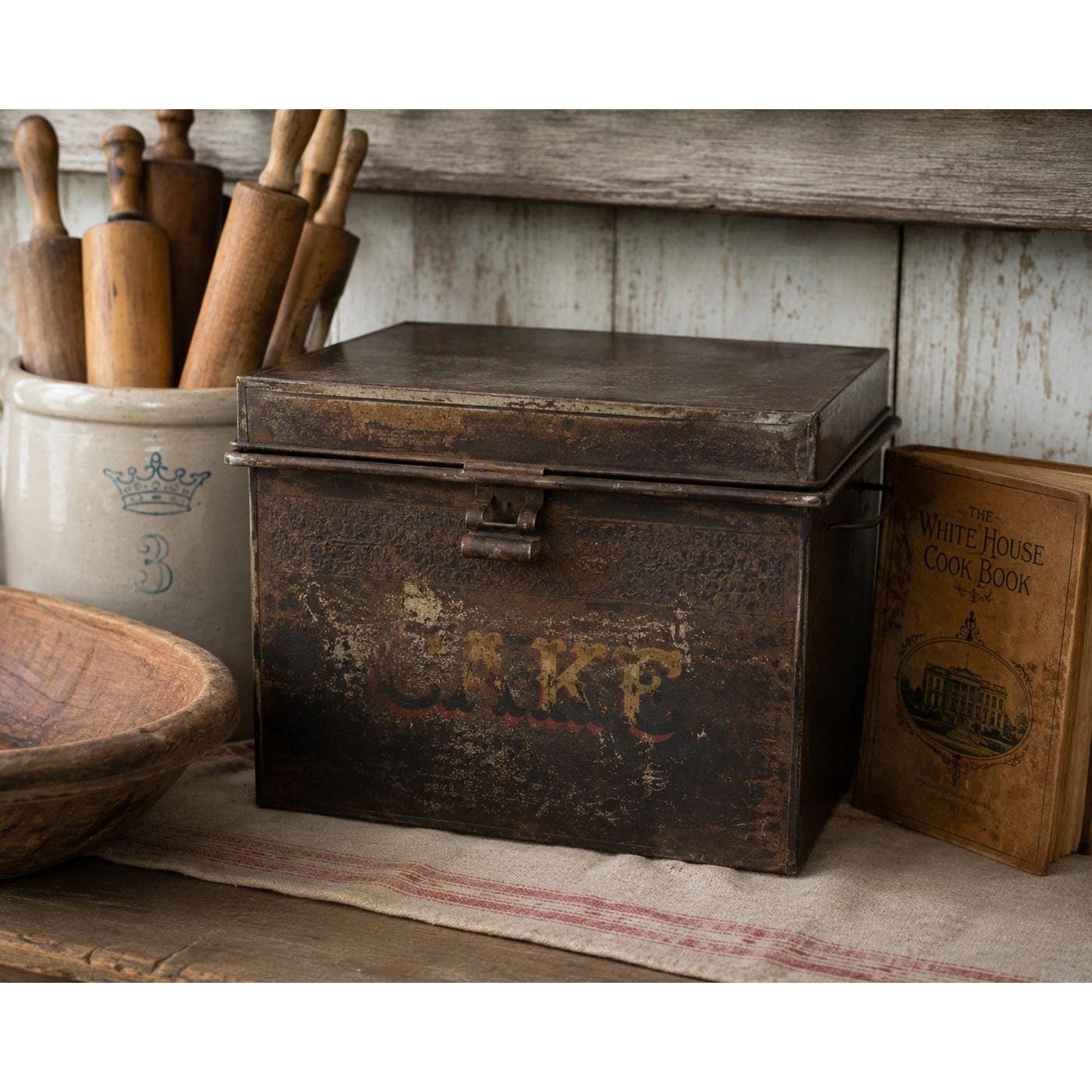 Antique CAKE Tin Box | Rustic Farmhouse Kitchen Storage, Metal Pantry Accent
