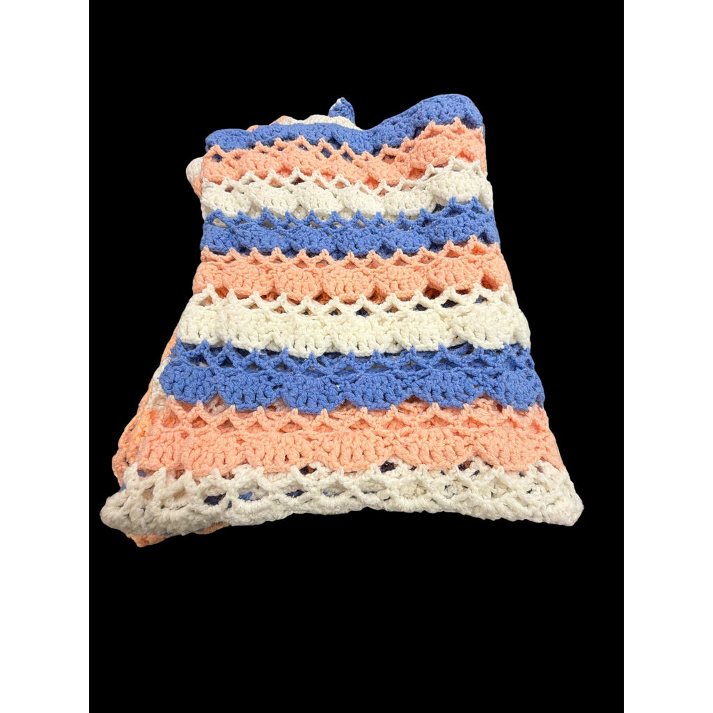 Vintage Crochet Lap Blanket Peach Blue Cream Handmade Afghan 25 x 60 – additional view 3