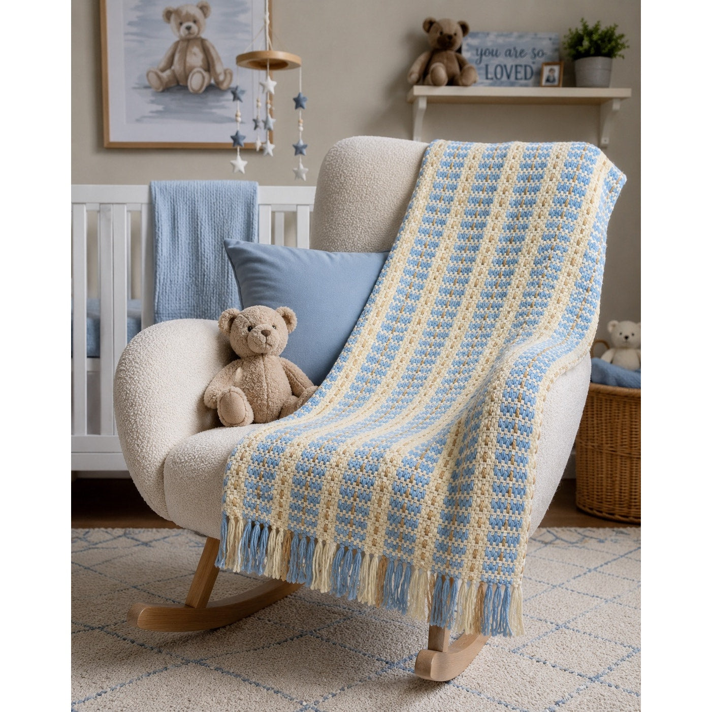 Vintage Hand Woven Afghan Throw Blanket – Baby Blue, Cream & Taupe – Fringe Blanket – Cottagecore Nursery Décor – 66” x 42”