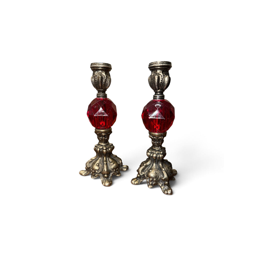 Vintage Red Lucite Candlestick Holders Pair Ornate Gold Tone Metal 8"