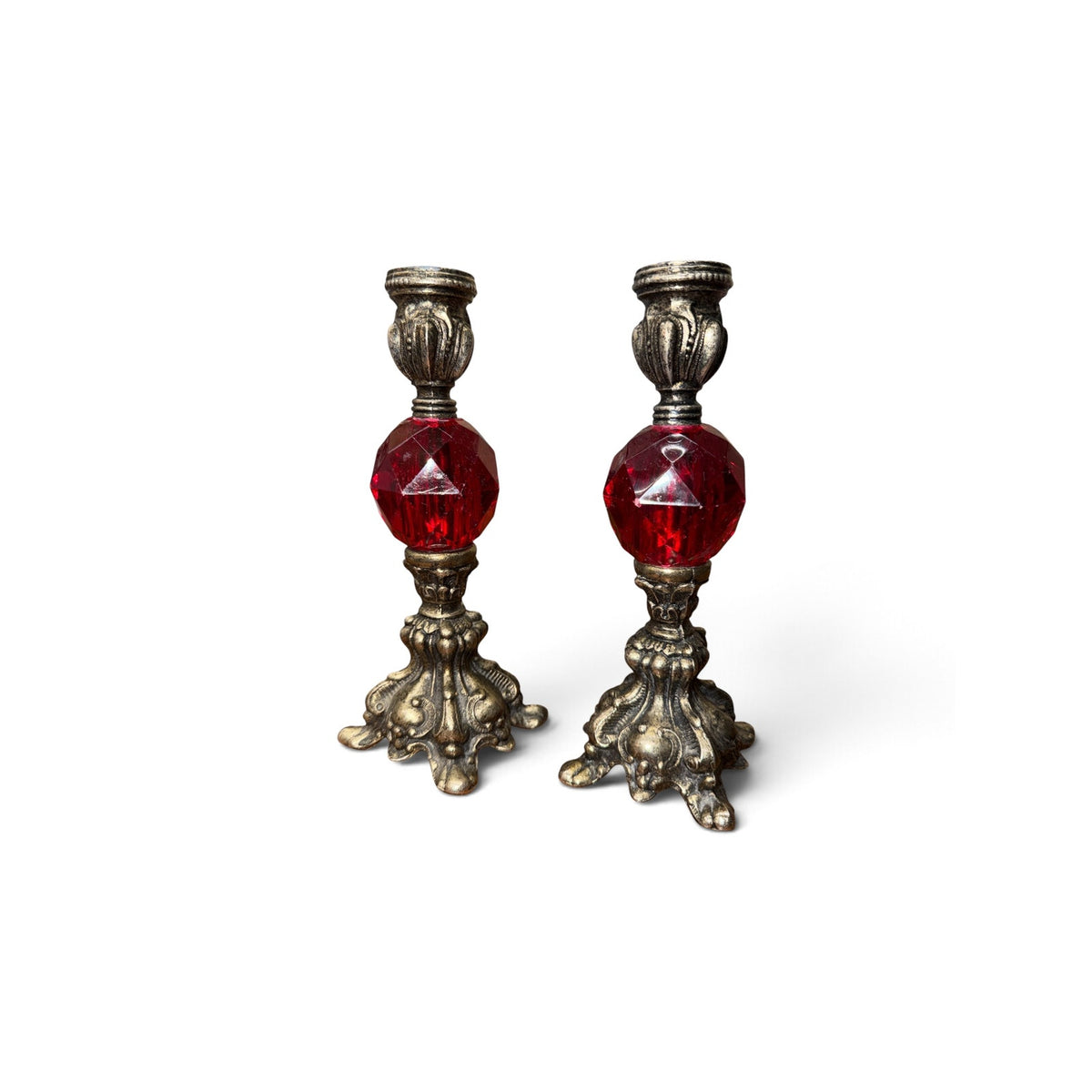 Vintage Red Lucite Candlestick Holders Pair Ornate Gold Tone Metal 8"