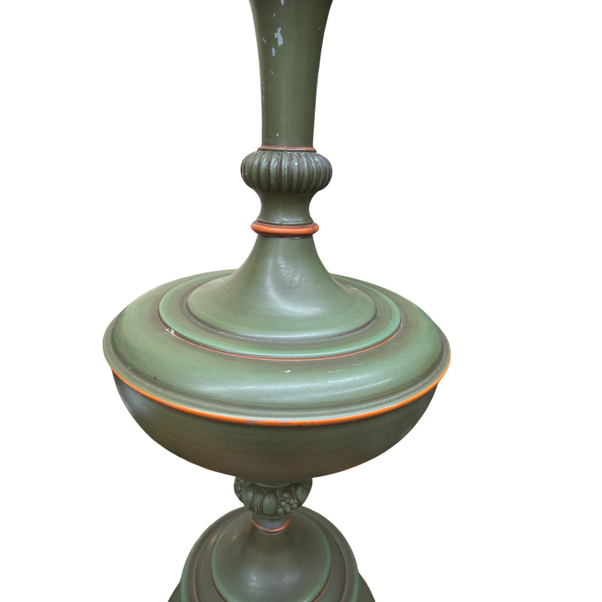 Vintage Metal Table Lamp Pair Olive Avocado Green Urn Form Orange Accents