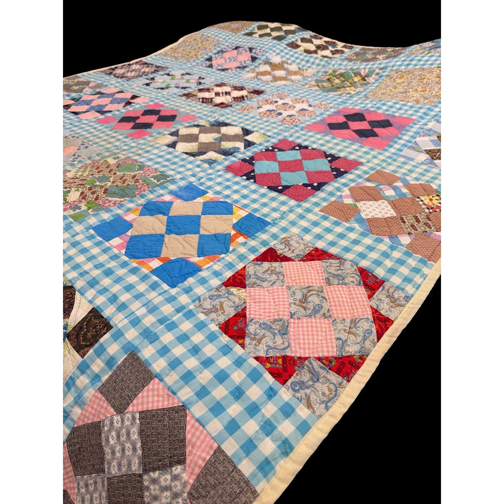 Vintage Hand Quilted 20-Piece Nine Patch Quilt Blue Gingham 66 x 77 – additional view 5