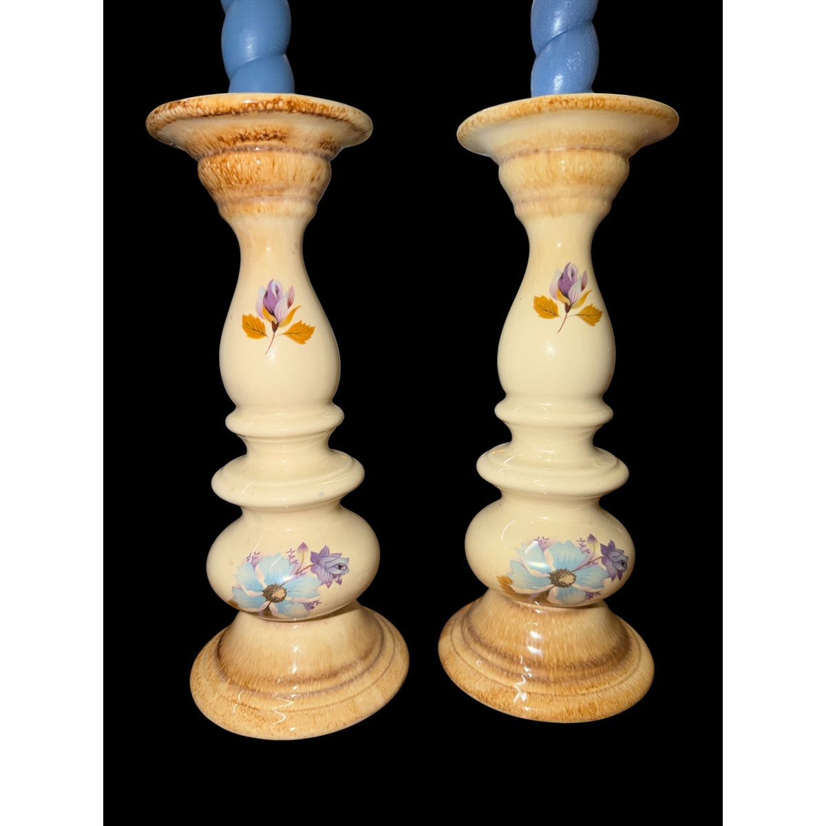 Vintage Floral Ceramic Candlestick Holders Pair 8 Inch with Blue Taper Candles
