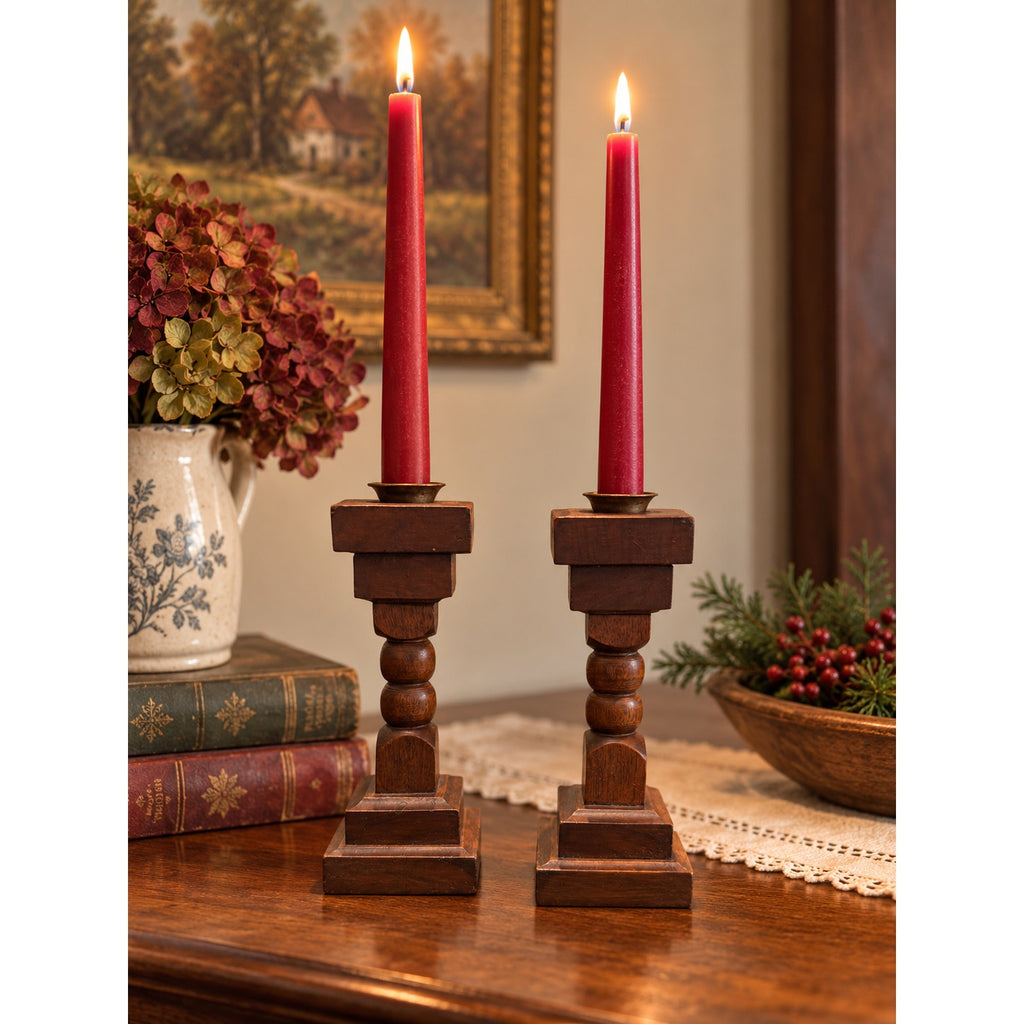 Vintage Hardwood Candlestick Holders Pair Dark Walnut Finish Brass Cups 6.5 Inch – main view